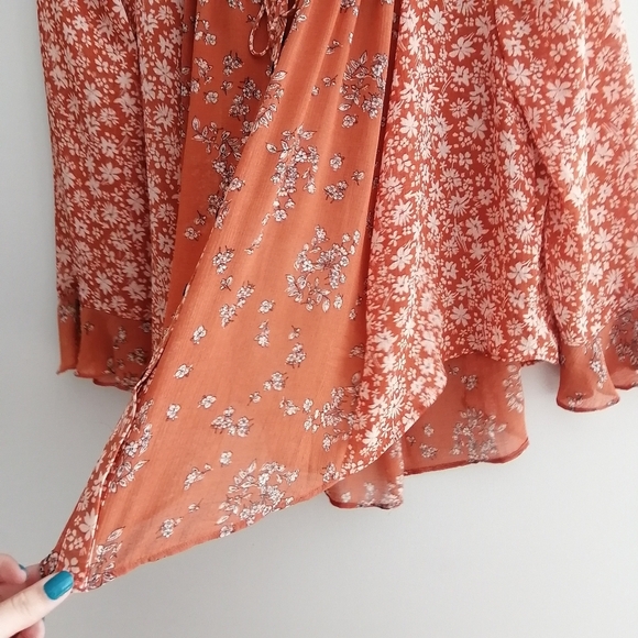 Free People Serena Orange Floral Button Up Semi Sheer Blouse Oversize XS - Picture 5 of 13